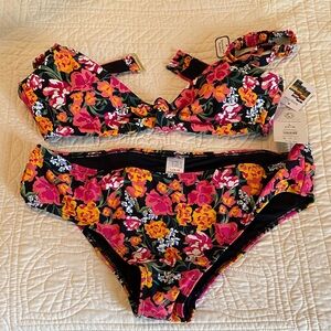 Time and Tru Black Floral Bikini - Pink, Yellow, Orange